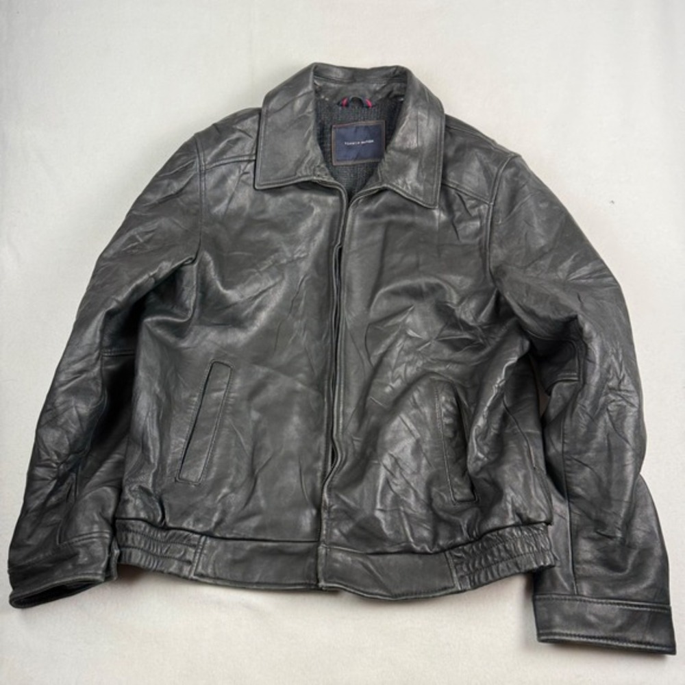 Tommy Hilfiger Mens Black Leather Bomber Jacket Wool Blend Lining Large‎